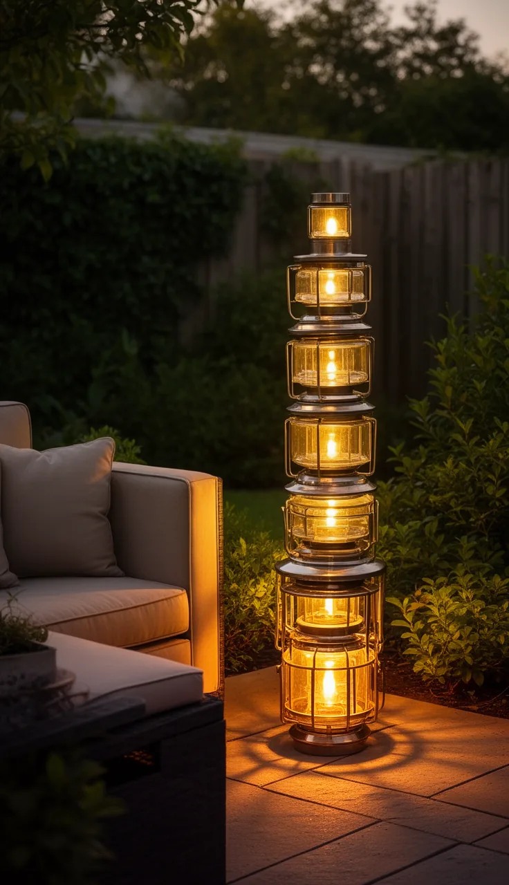A corner lantern tower on a backyard patio
