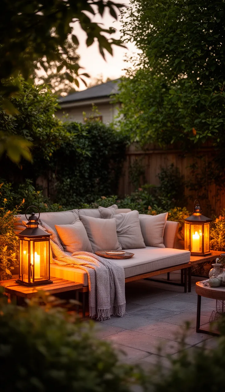 Side lanterns accenting an outdoor daybed