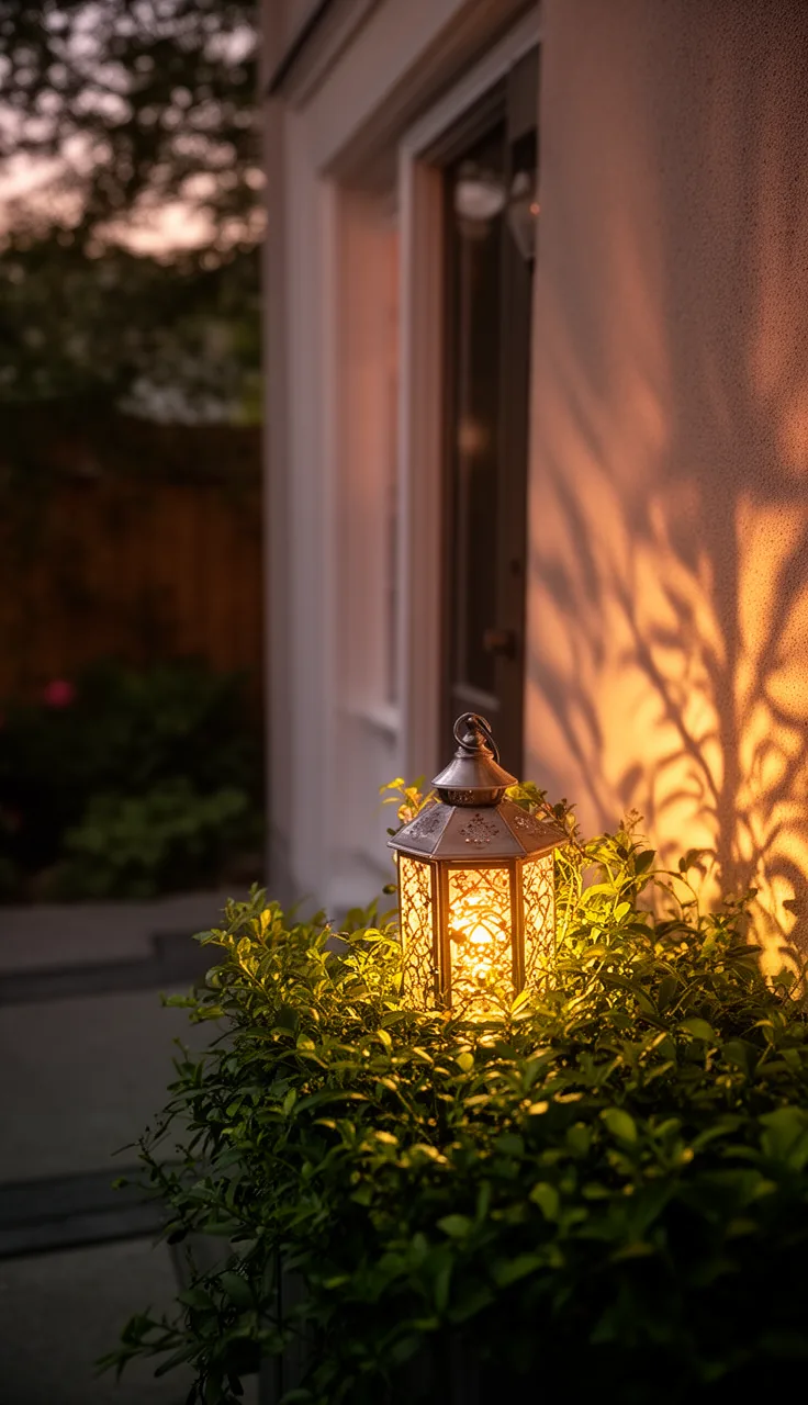A lantern glowing from within a planter
