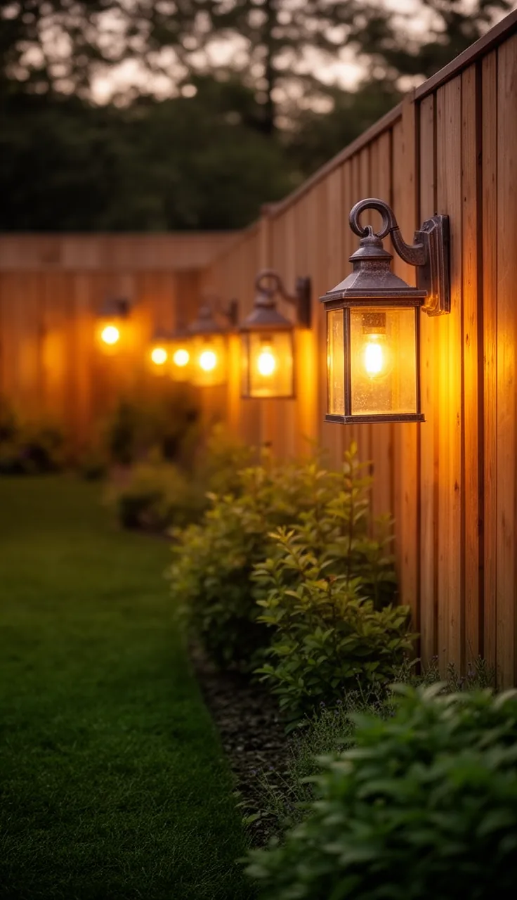 Sconce-style lanterns mounted on a garden fence