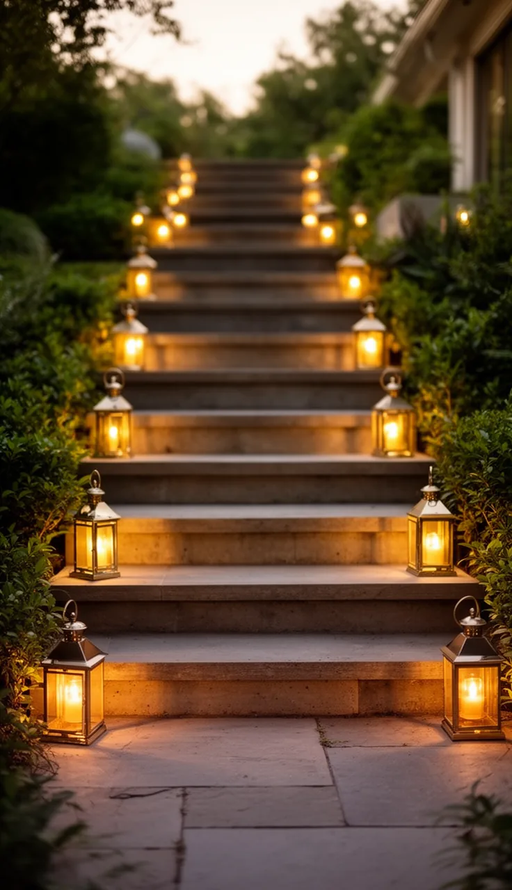 Mini lanterns styling an outdoor staircase runway