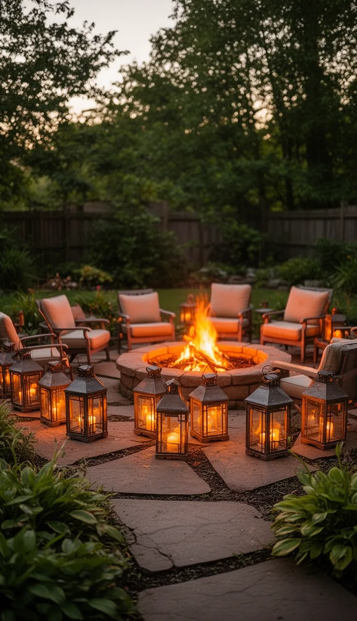 Low lanterns styling a fire pit perimeter