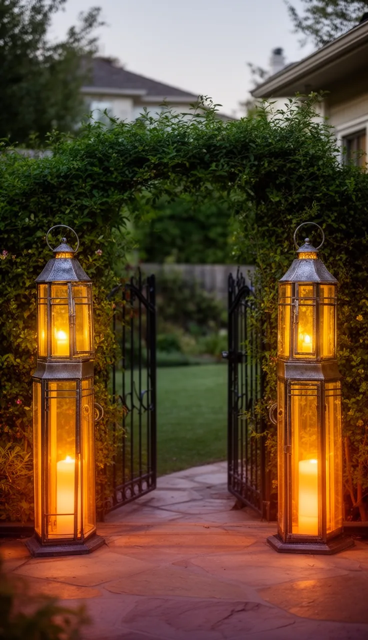 A lantern welcome styled at the garden gate