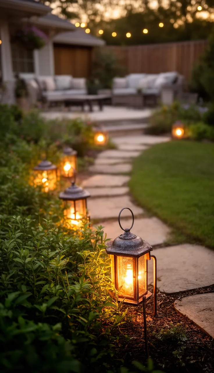 Low lantern stakes lining a backyard garden path