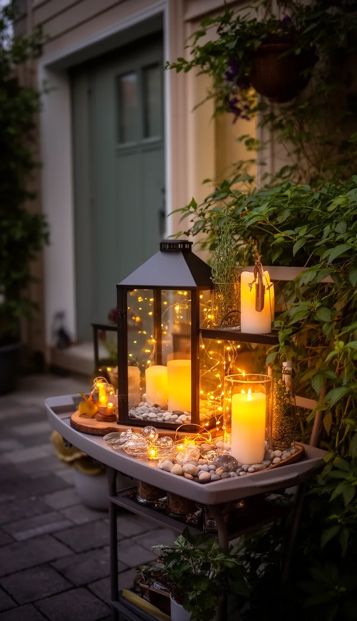 A rotating outdoor lantern bar on a tray and shelf
