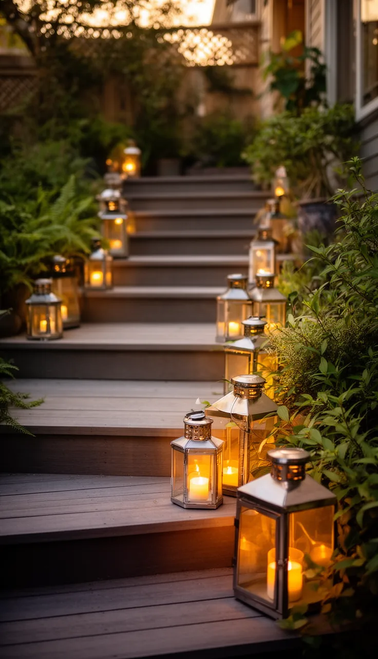 Lanterns clustered on outdoor stair risers