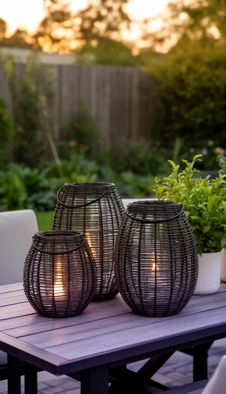 A textured mix of rattan, metal, and glass lanterns