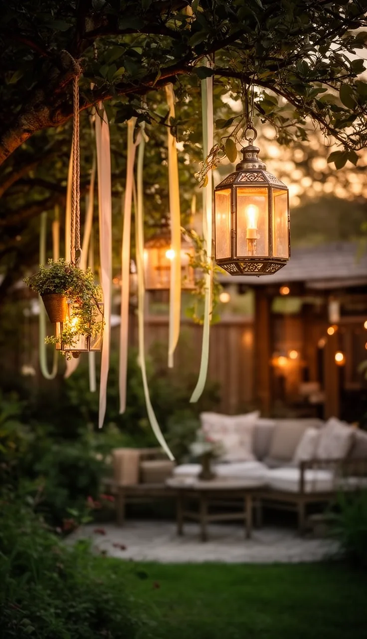 Lanterns hung from tree branches with ribbon and rope