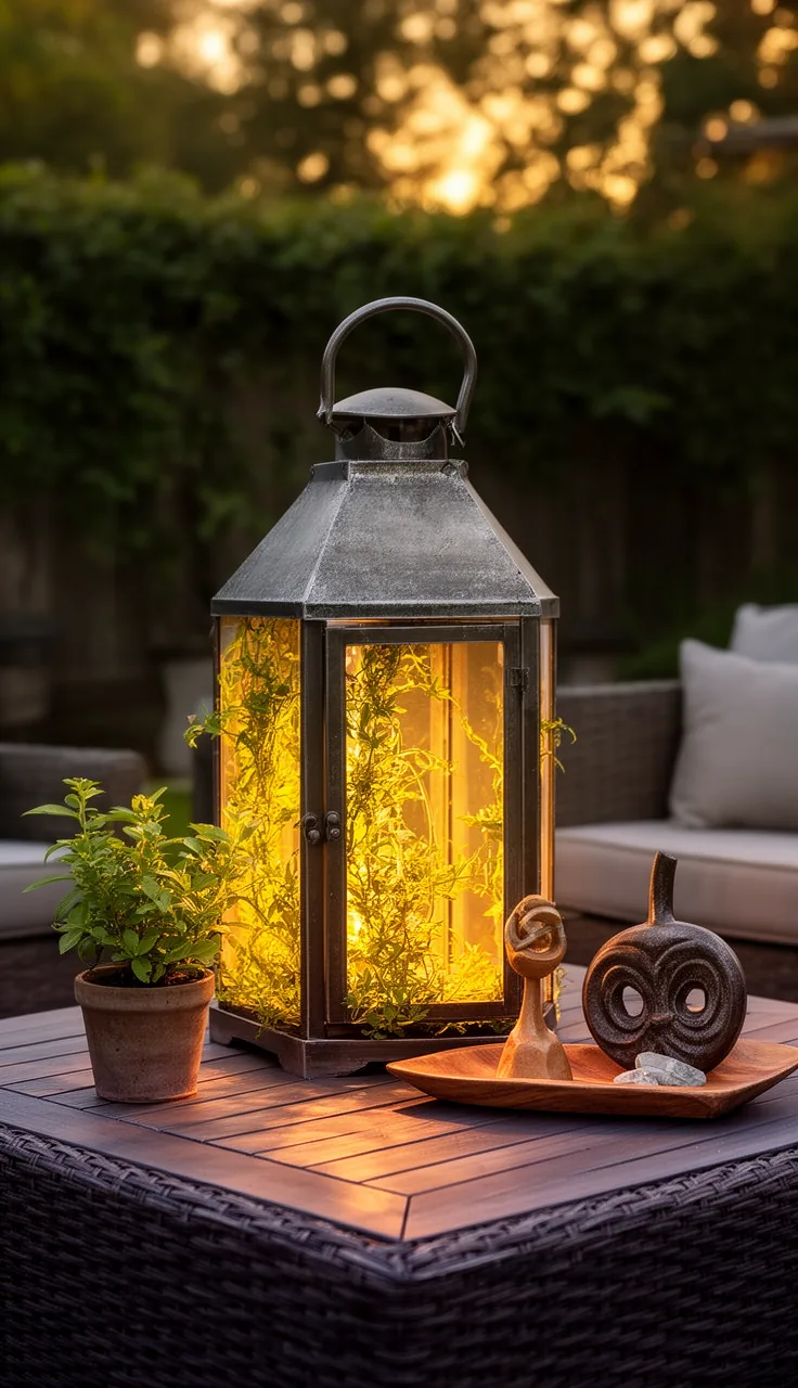 A lantern-centered outdoor coffee table vignette