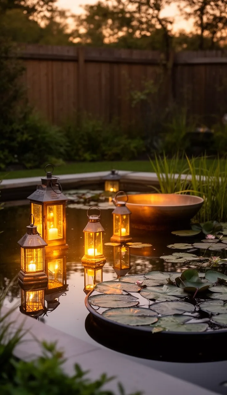 Lanterns floating in a backyard water feature