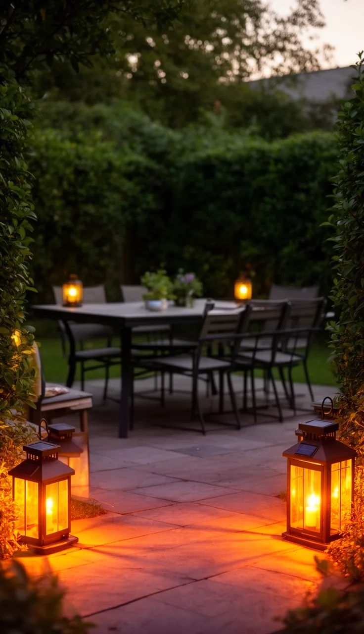 Solar lanterns framing a backyard dining zone