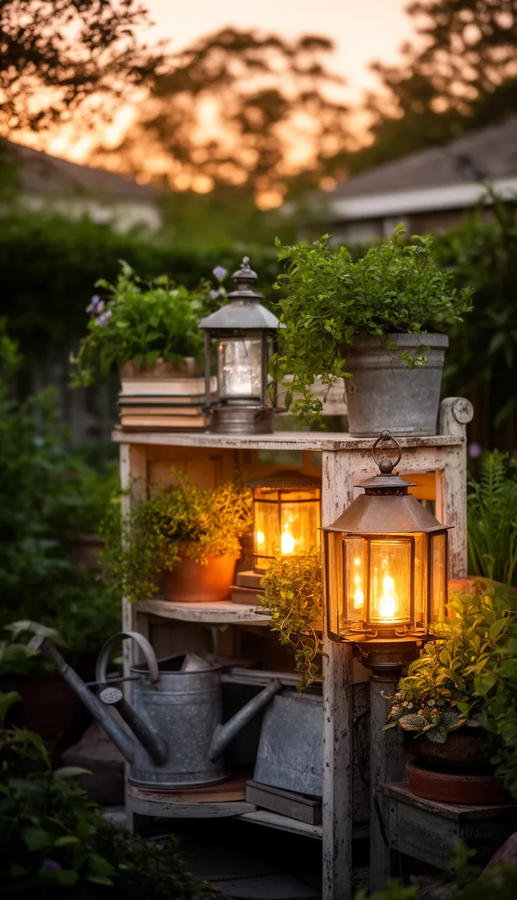 Lanterns layered on outdoor garden shelves