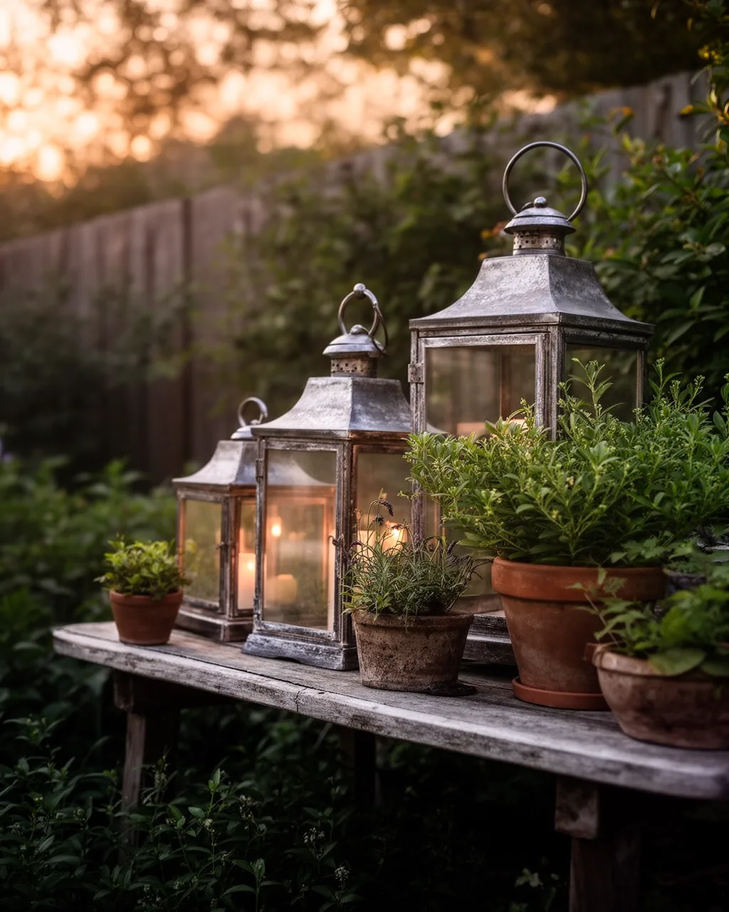 Lanterns on outdoor shelves