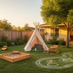 A playful family backyard play area at golden hour