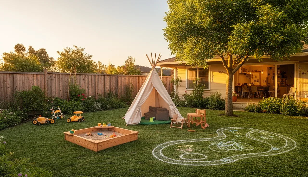 A playful family backyard play area at golden hour