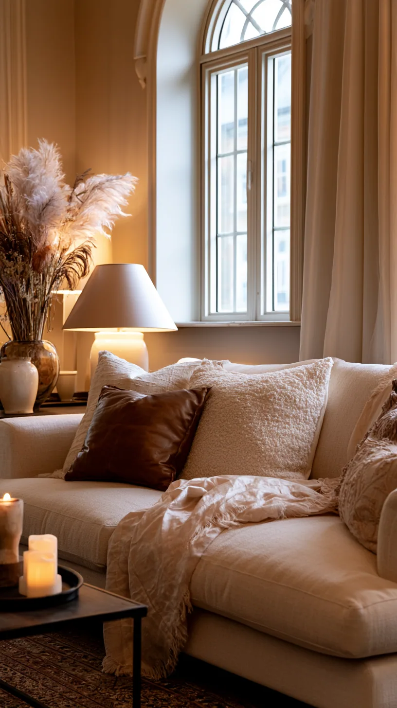 beige couch layered with cream and ivory tones in a soft monochrome living room, photo 1 of 4