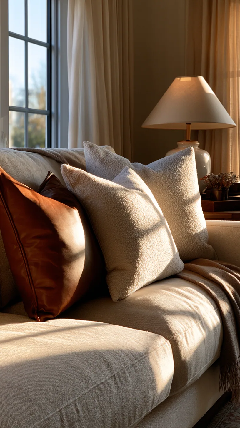 beige couch layered with cream and ivory tones in a soft monochrome living room, photo 2 of 4