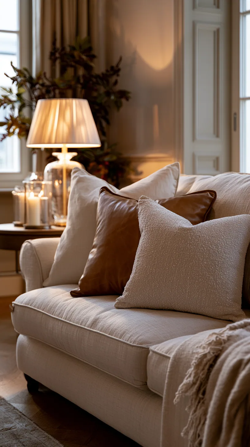 beige couch layered with cream and ivory tones in a soft monochrome living room, photo 4 of 4