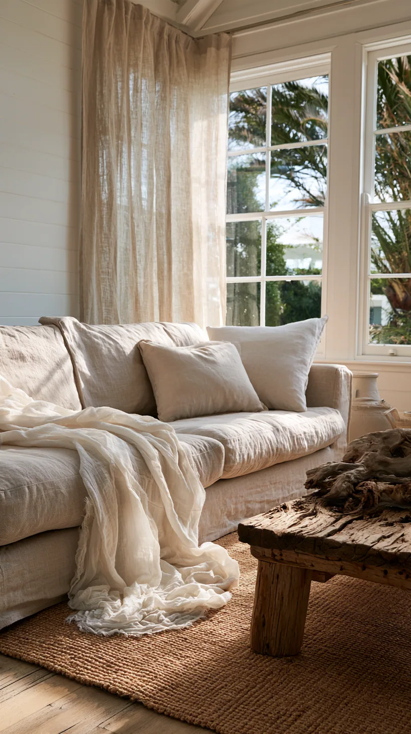 beige couch with soft blue cushions and white coastal decor, photo 1 of 4