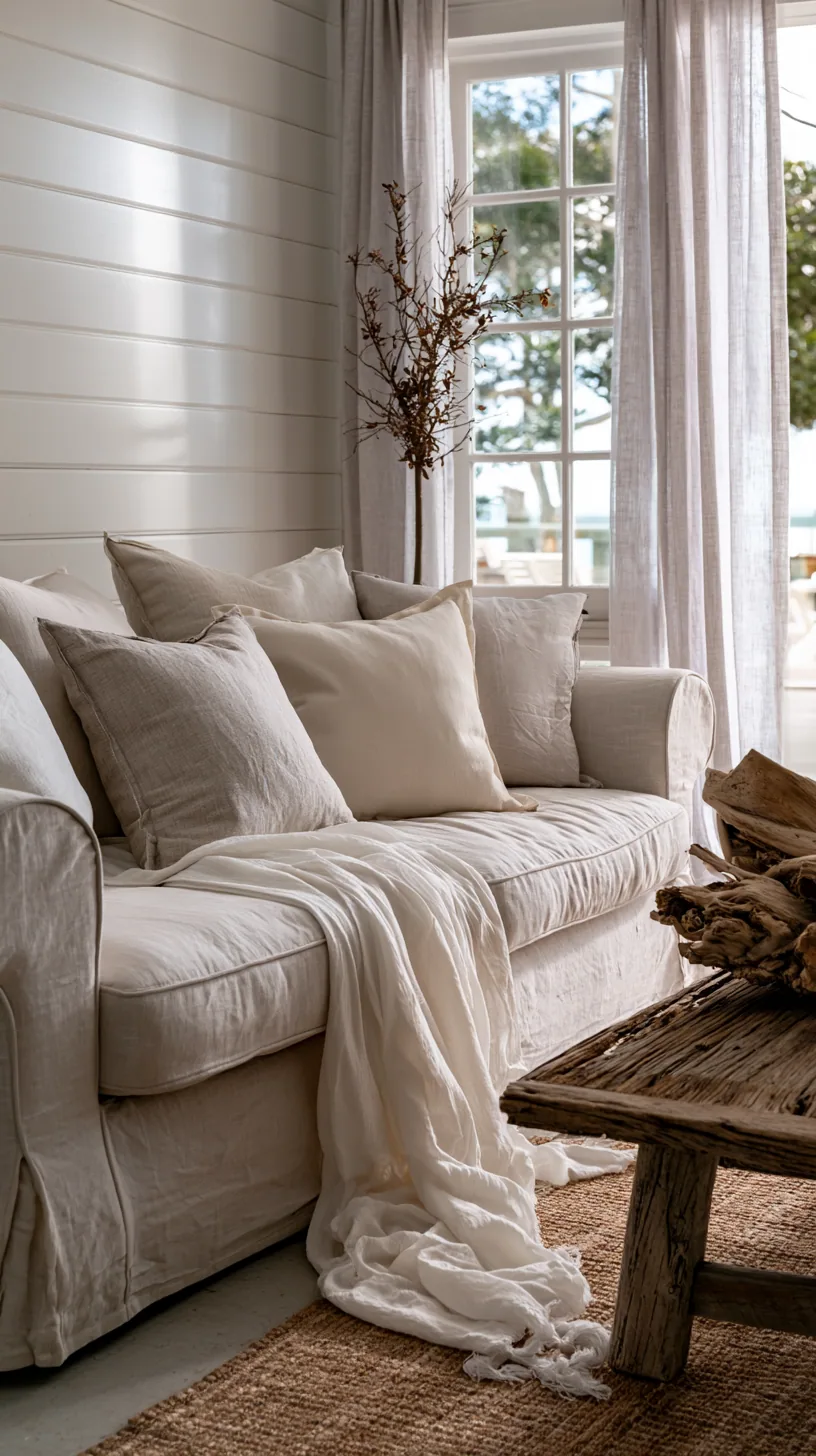 beige couch with soft blue cushions and white coastal decor, photo 2 of 4