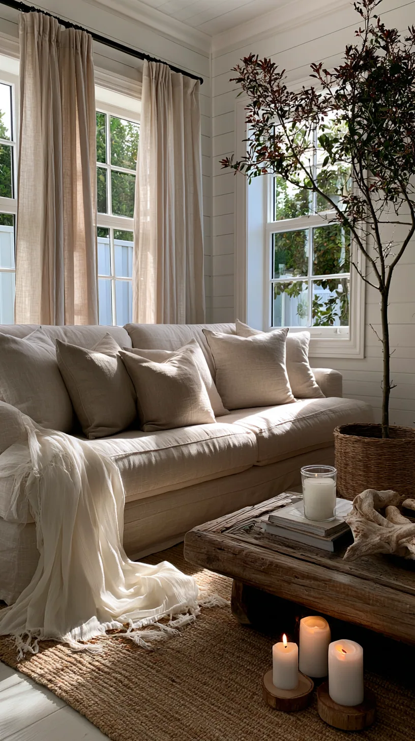 beige couch with soft blue cushions and white coastal decor, photo 3 of 4
