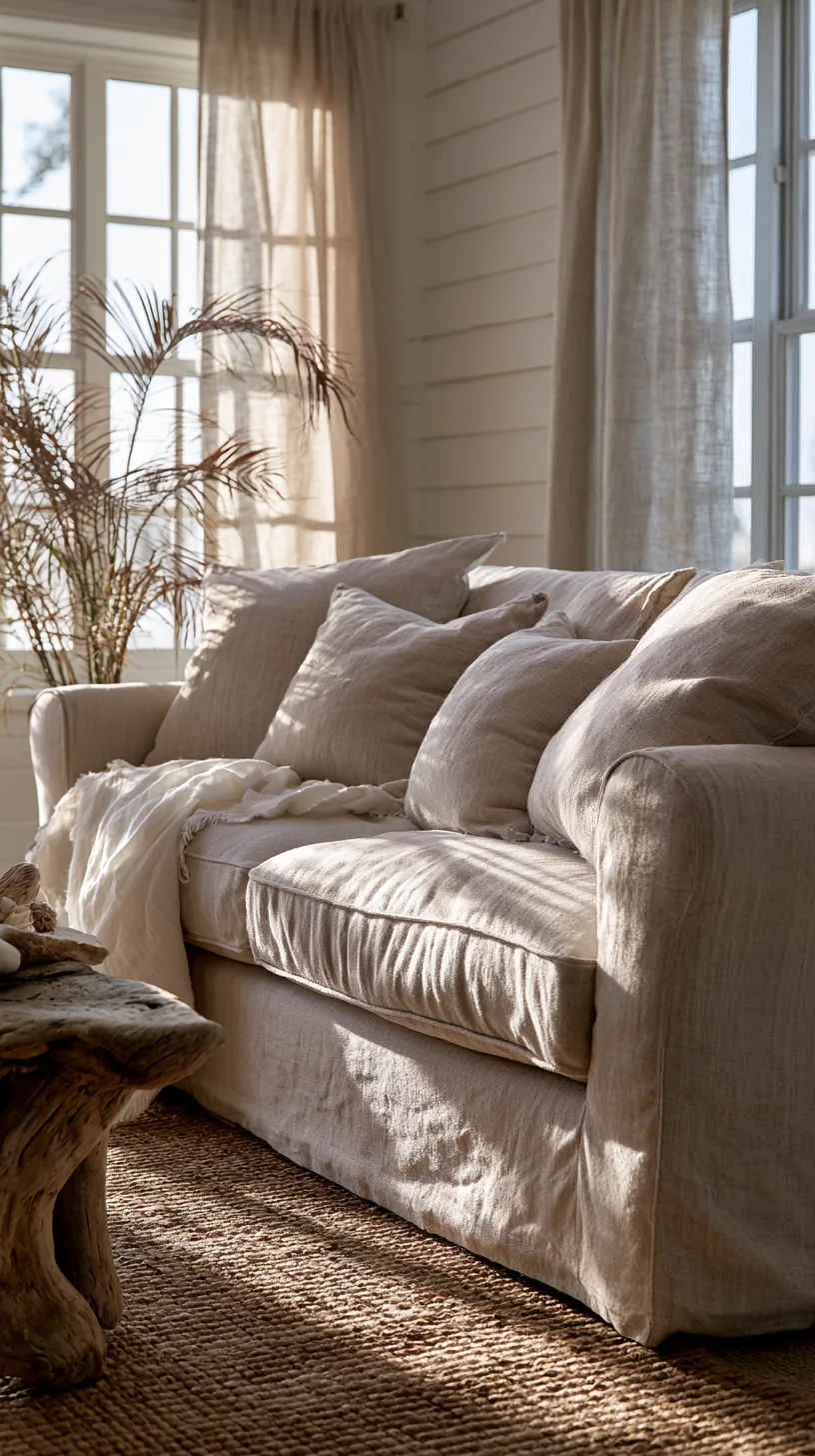 beige couch with soft blue cushions and white coastal decor, photo 4 of 4