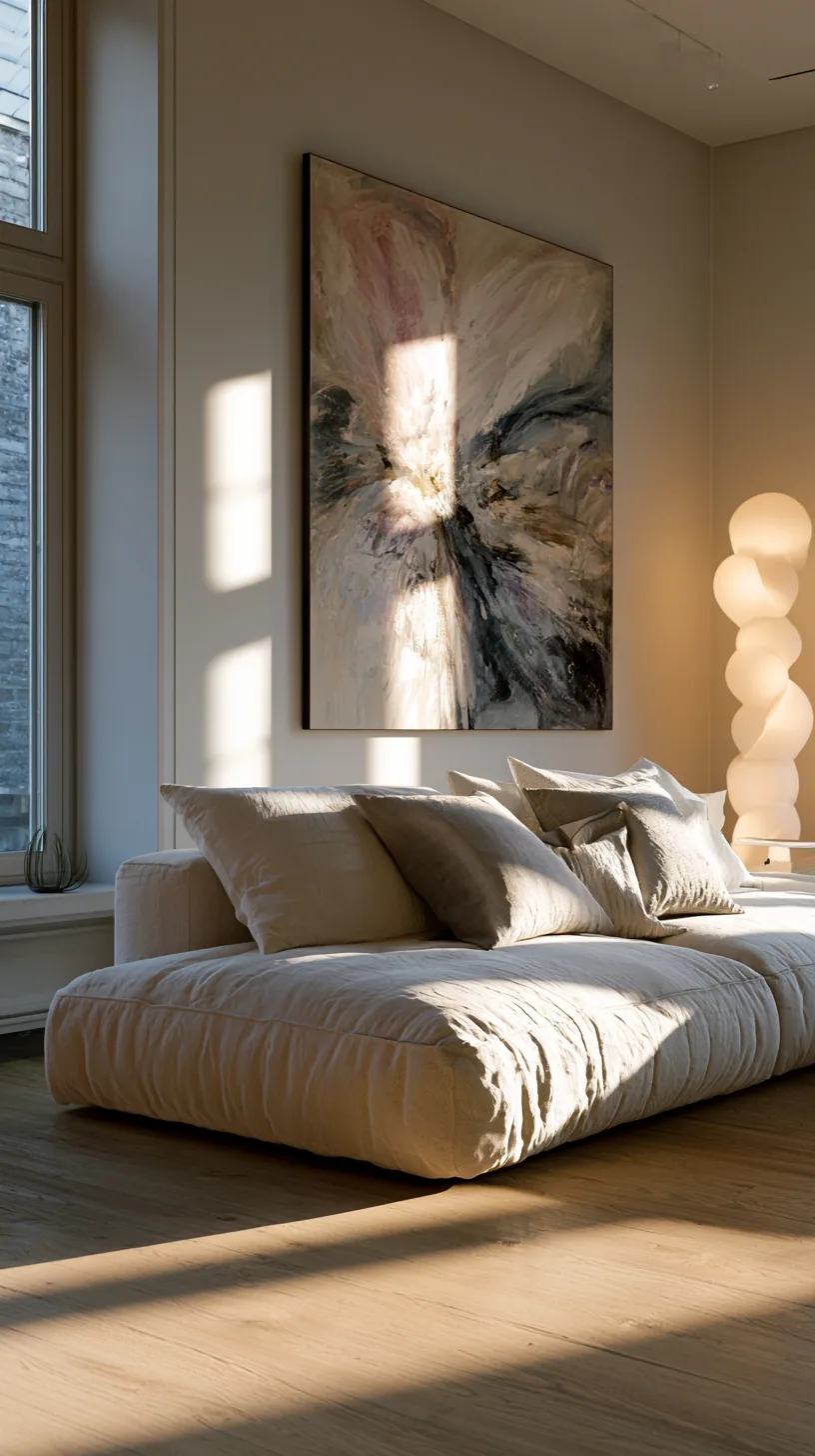 minimalist living room with a beige sofa and clean open space, photo 1 of 4