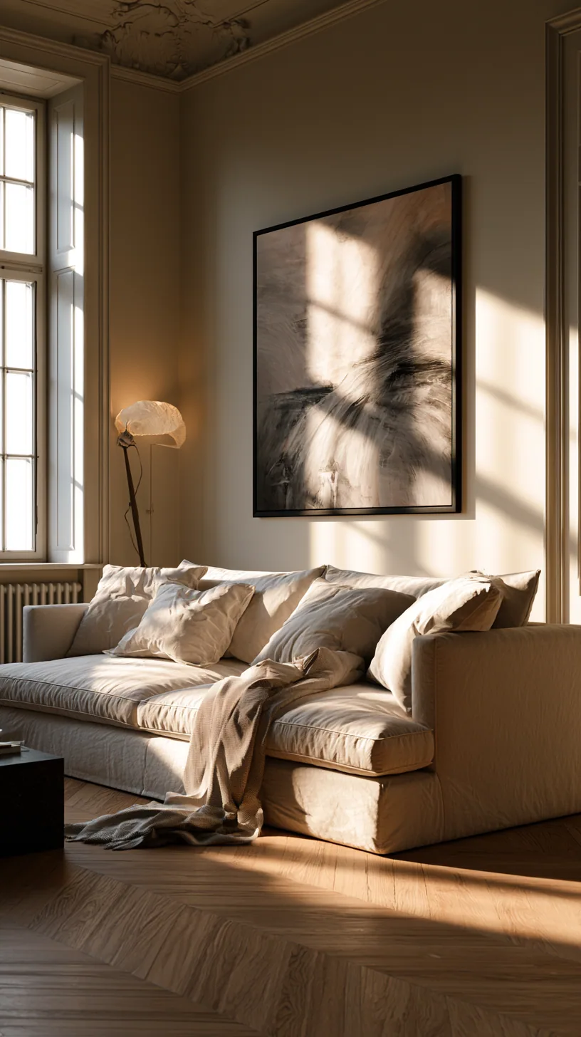 minimalist living room with a beige sofa and clean open space, photo 2 of 4
