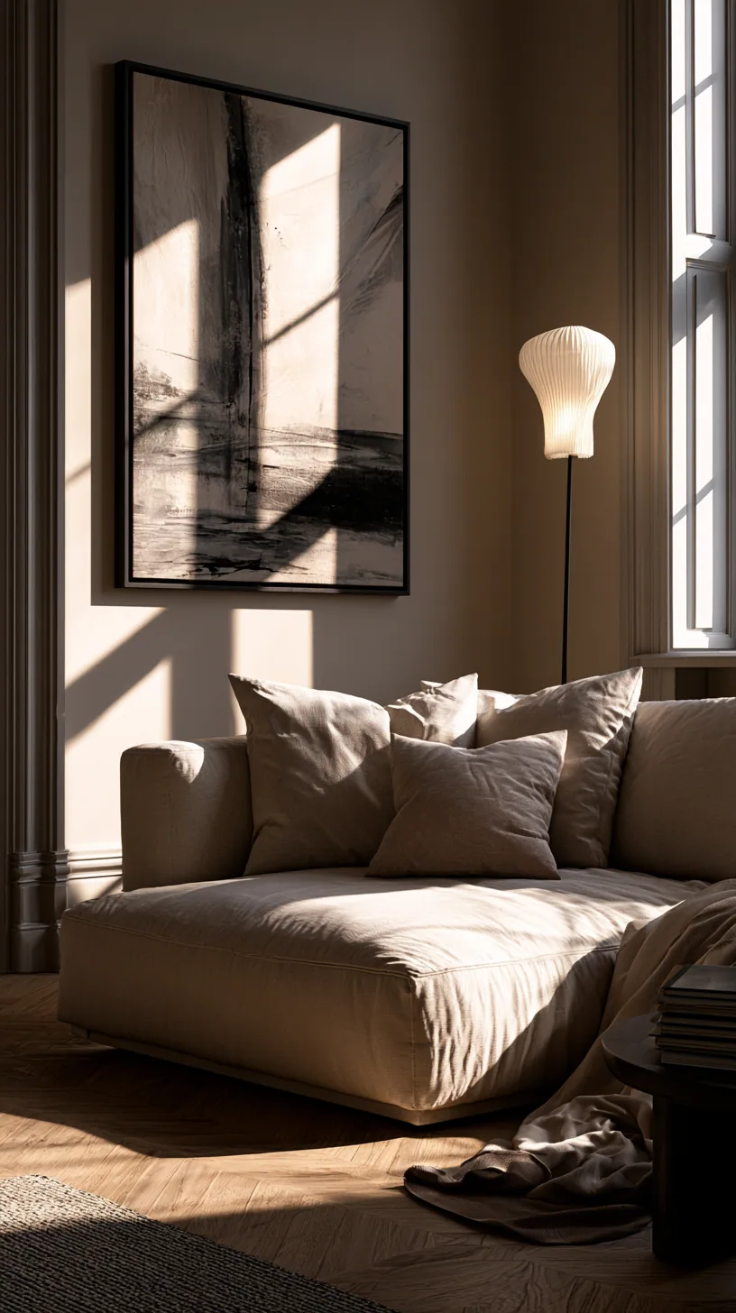 minimalist living room with a beige sofa and clean open space, photo 3 of 4