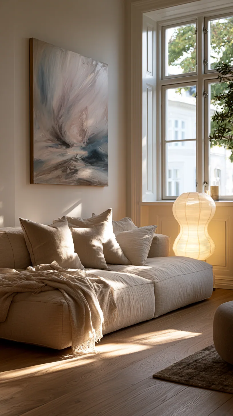 minimalist living room with a beige sofa and clean open space, photo 4 of 4