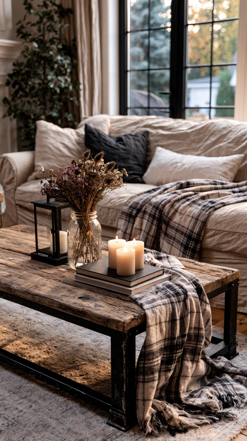 modern farmhouse living room with a beige couch, natural wood and linen, photo 1 of 4