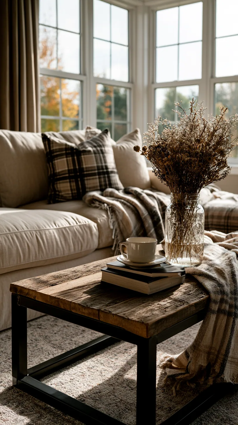 modern farmhouse living room with a beige couch, natural wood and linen, photo 2 of 4