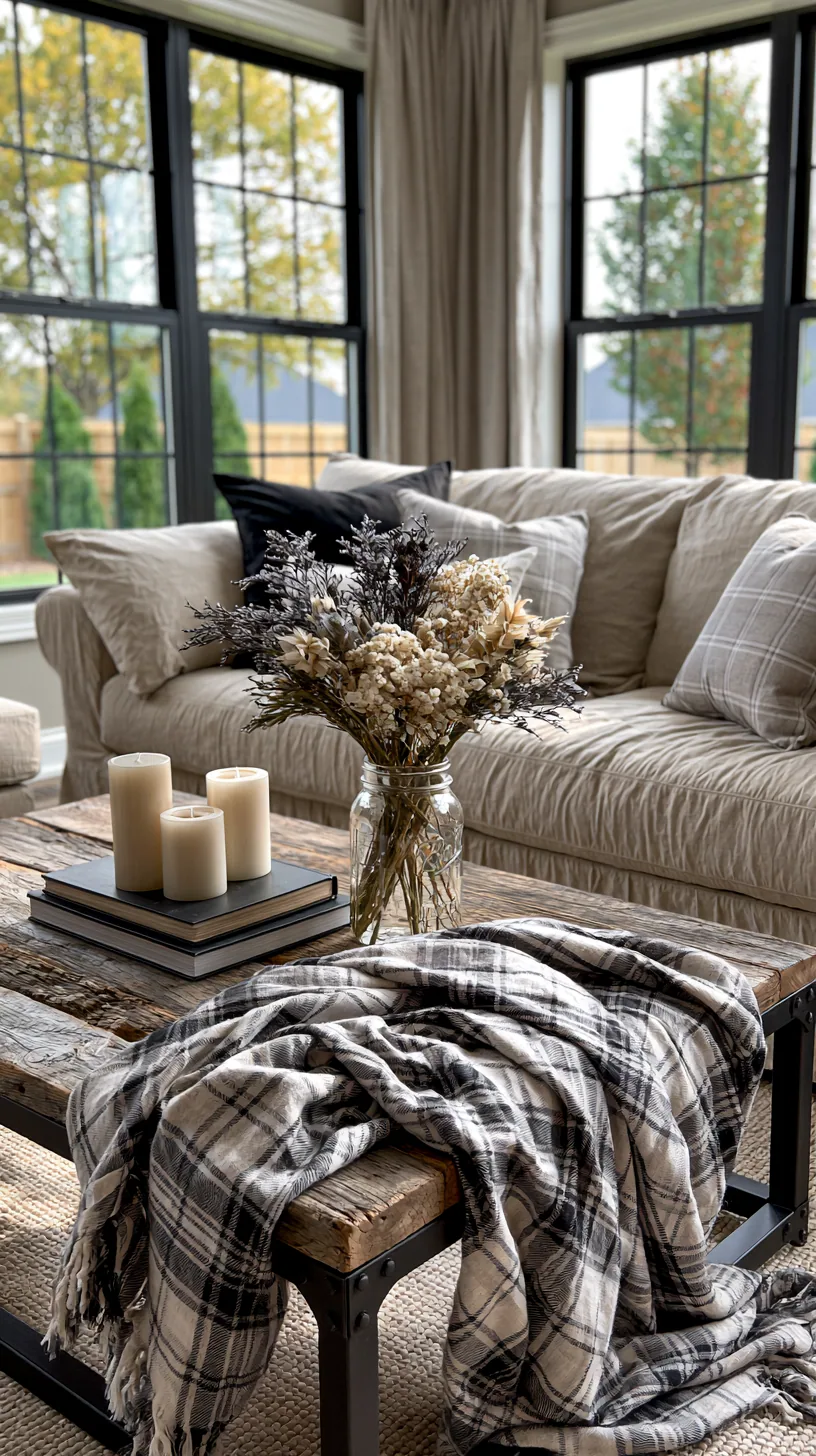 modern farmhouse living room with a beige couch, natural wood and linen, photo 3 of 4
