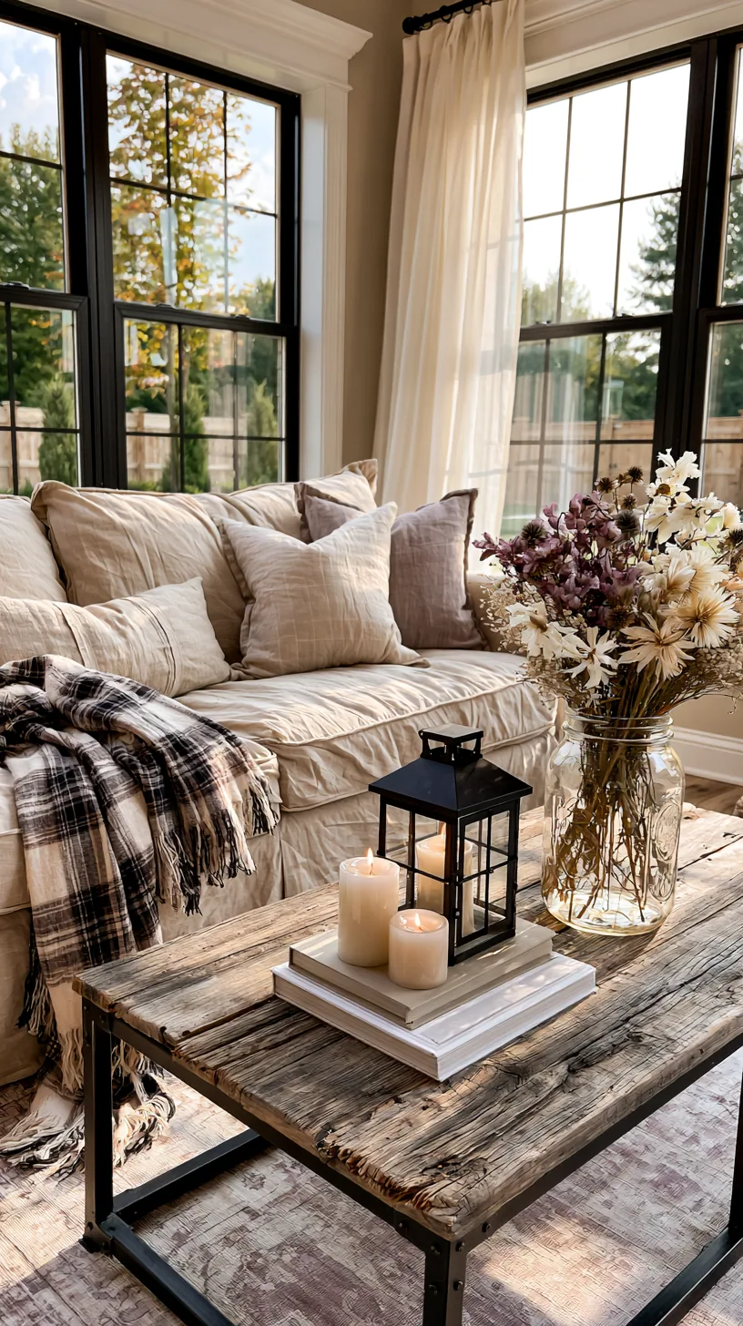 modern farmhouse living room with a beige couch, natural wood and linen, photo 4 of 4