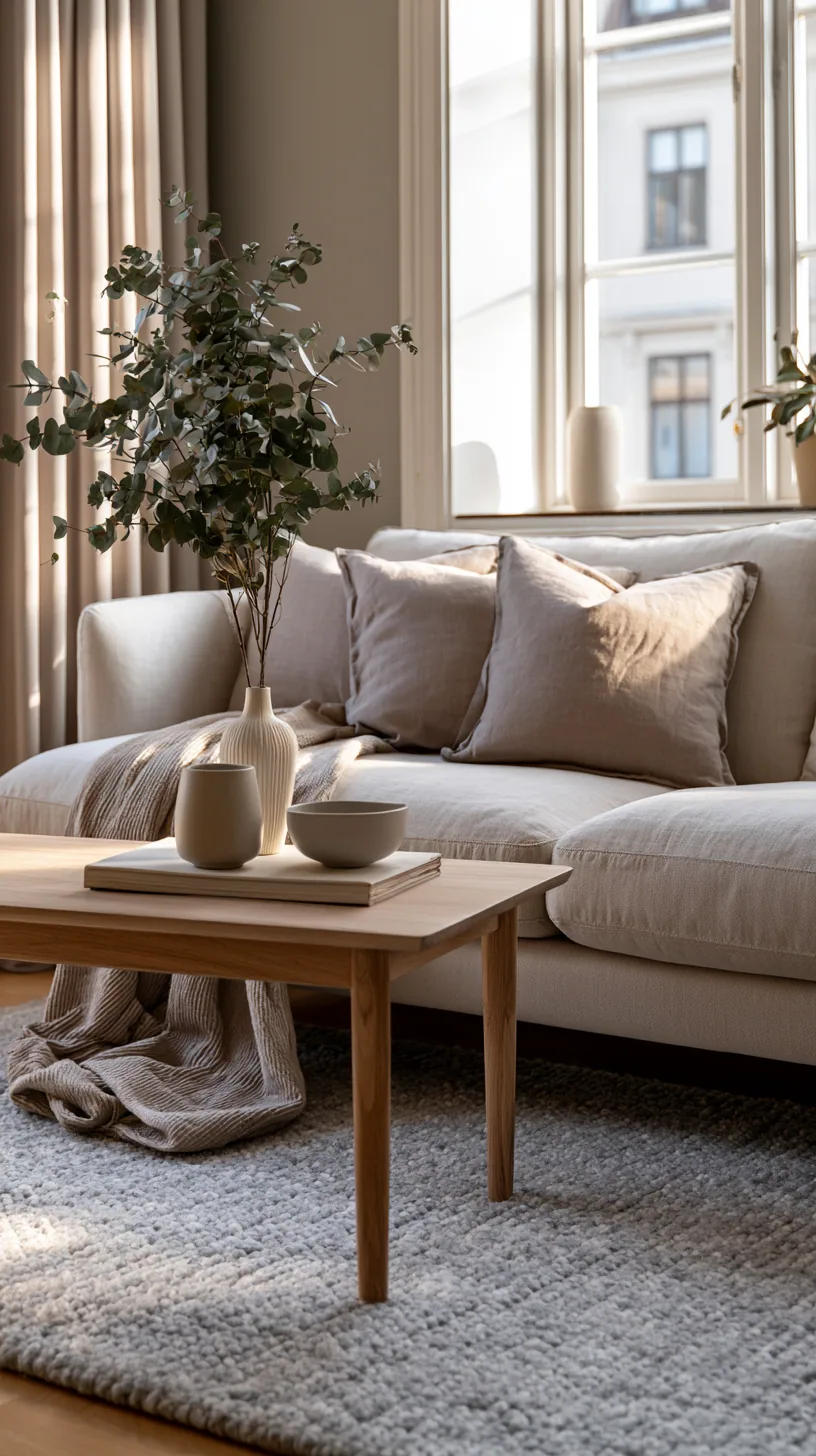 Scandinavian-inspired living room with a beige couch, pale wood and soft wool, photo 1 of 4