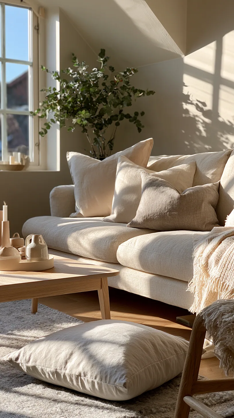 Scandinavian-inspired living room with a beige couch, pale wood and soft wool, photo 3 of 4