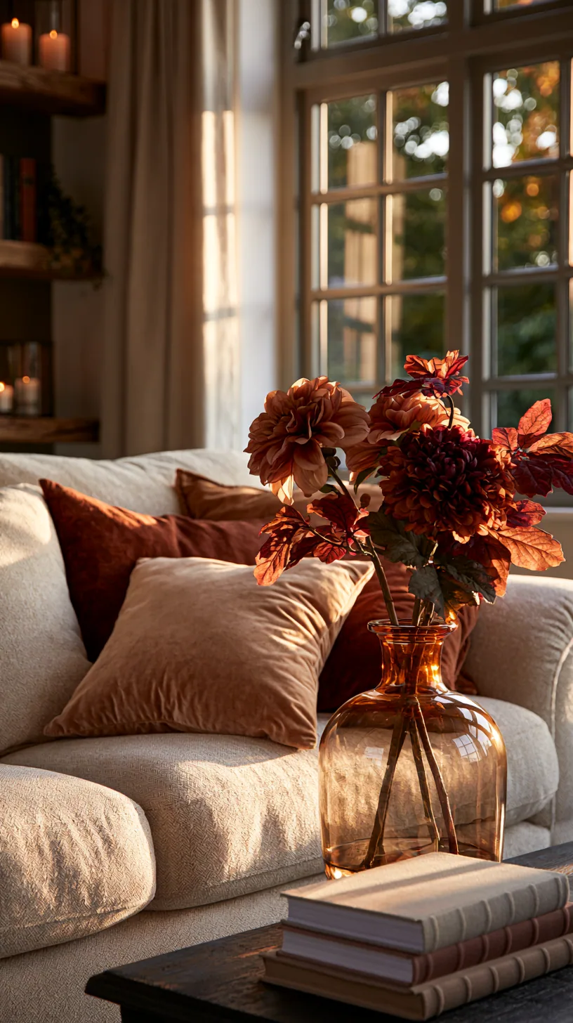 beige couch warmed with terracotta and rust autumn accents, photo 1 of 4