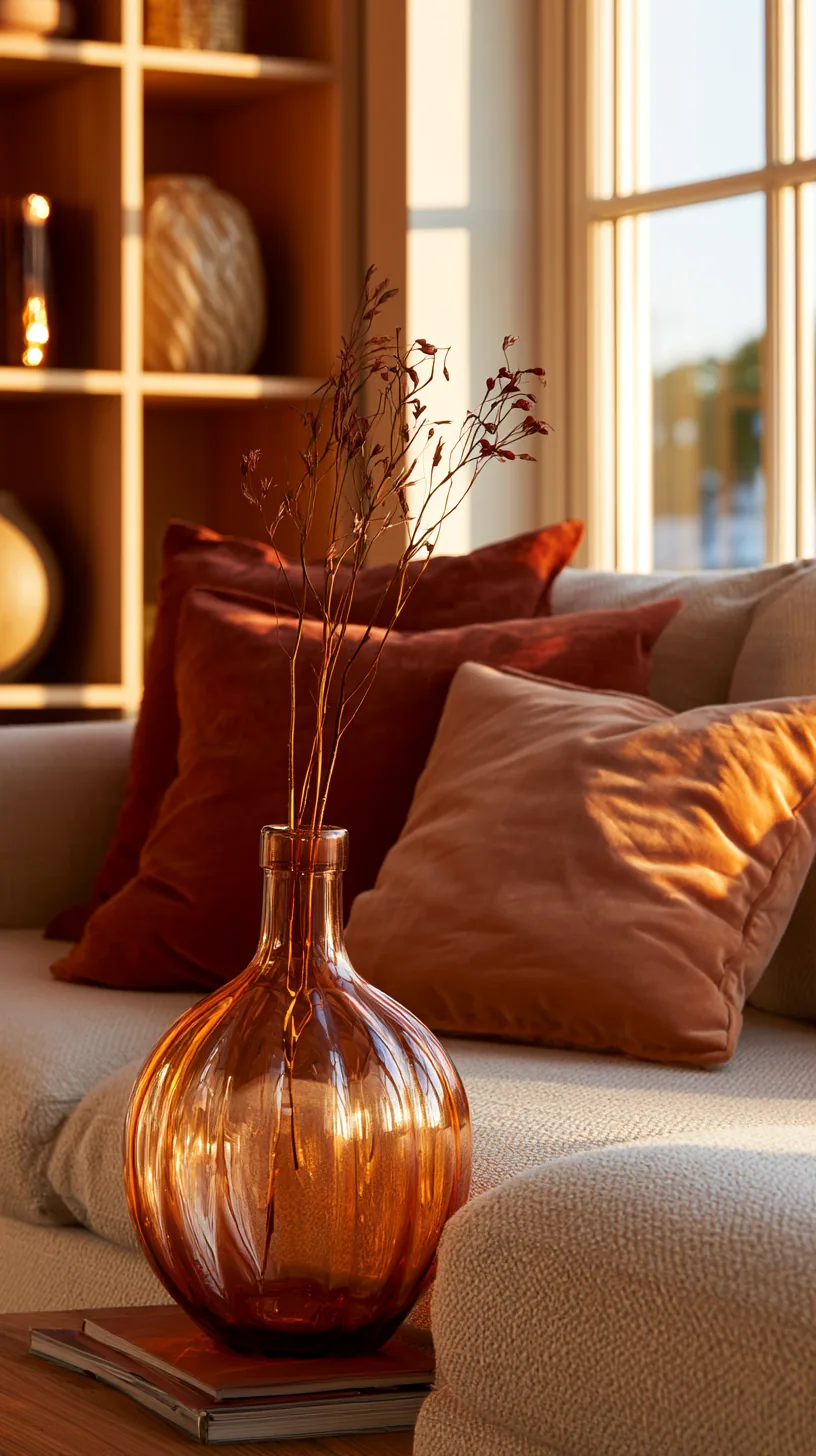 beige couch warmed with terracotta and rust autumn accents, photo 2 of 4