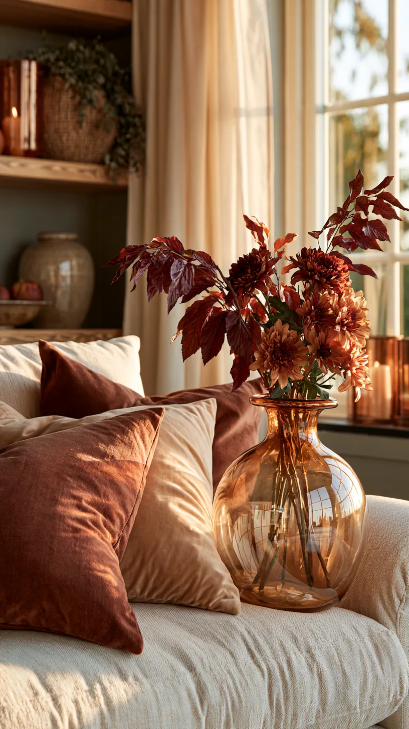 beige couch warmed with terracotta and rust autumn accents, photo 3 of 4