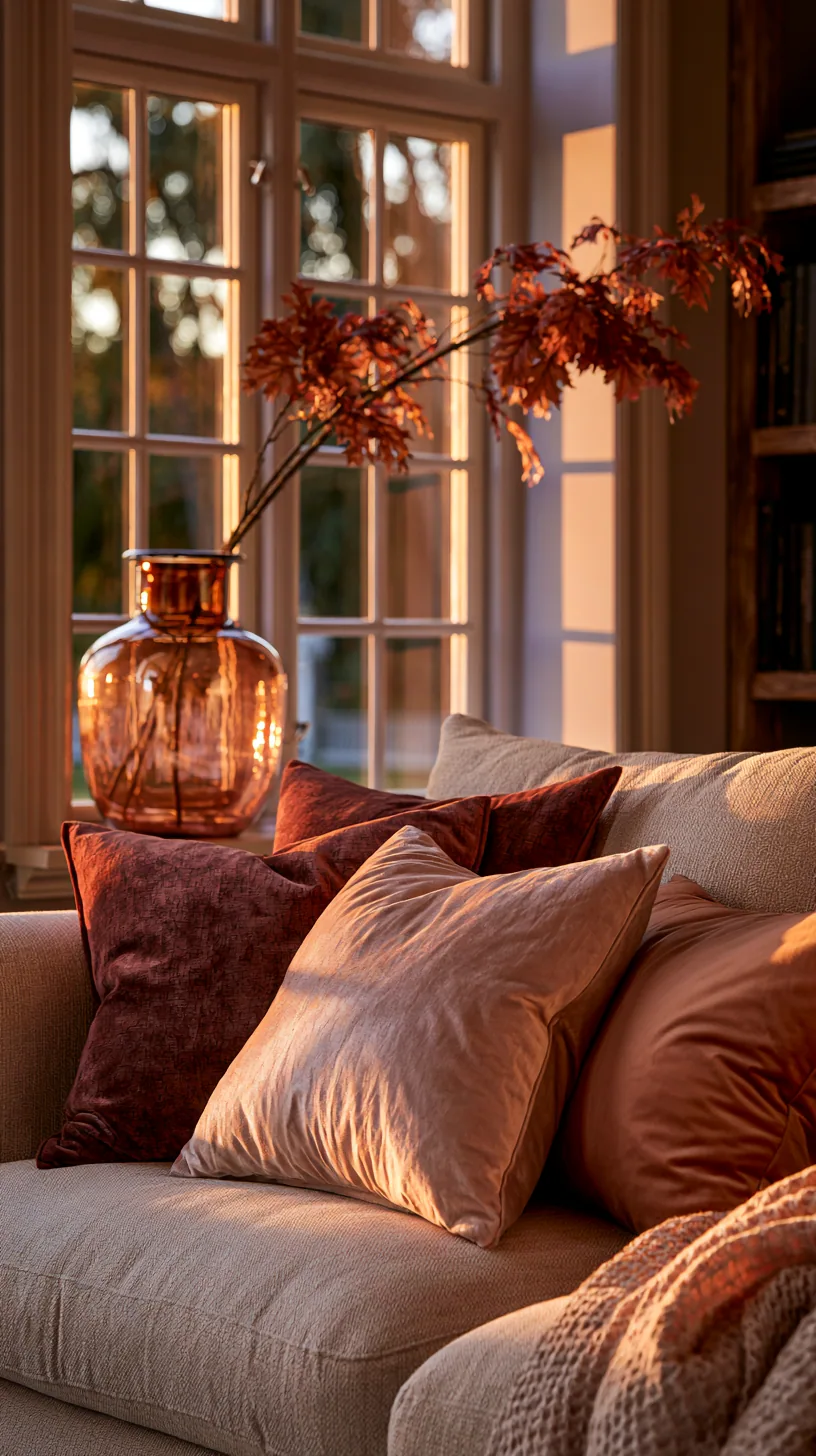 beige couch warmed with terracotta and rust autumn accents, photo 4 of 4