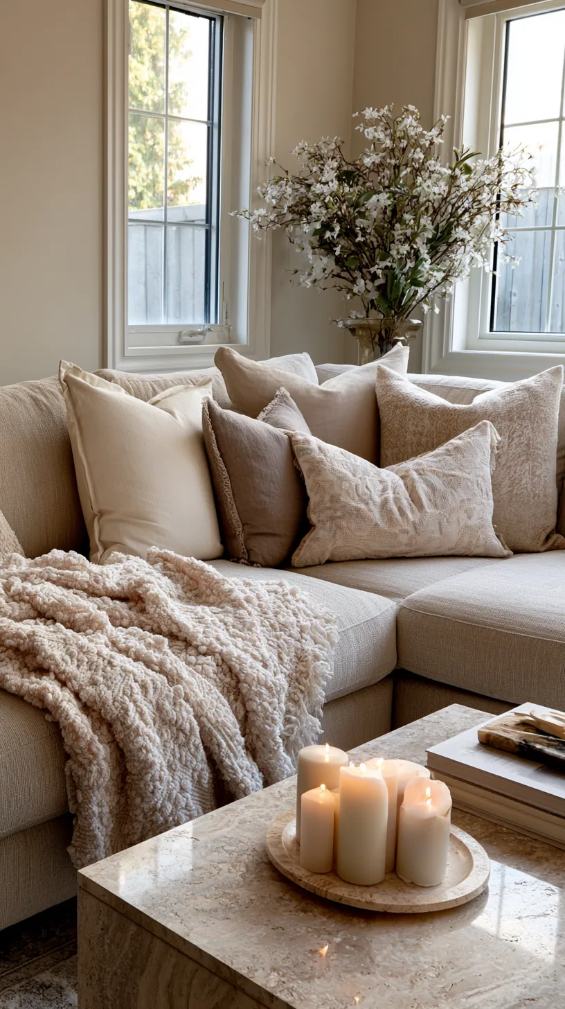 beige couch living room layered with mixed neutral textures, photo 1 of 4
