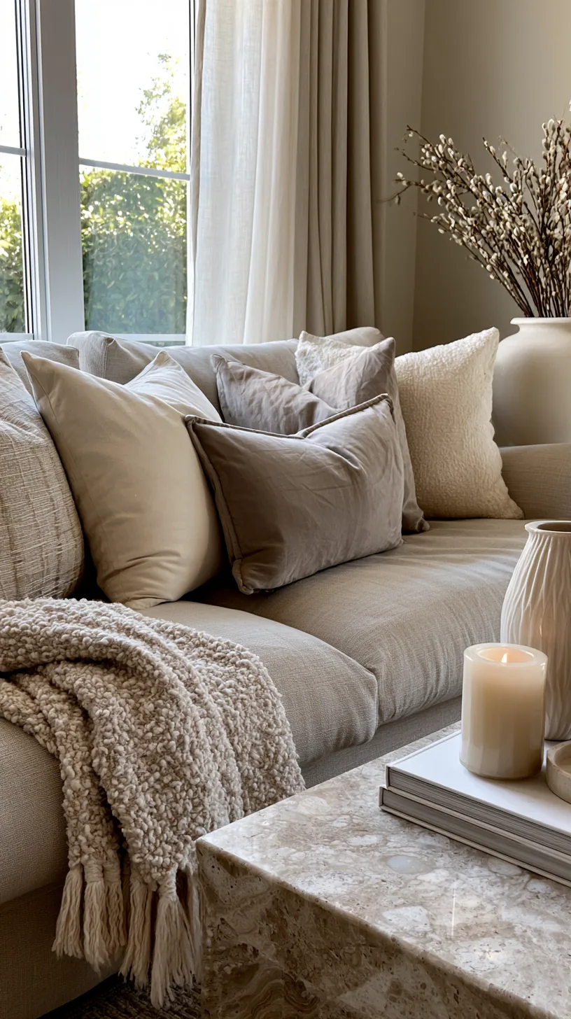 beige couch living room layered with mixed neutral textures, photo 2 of 4