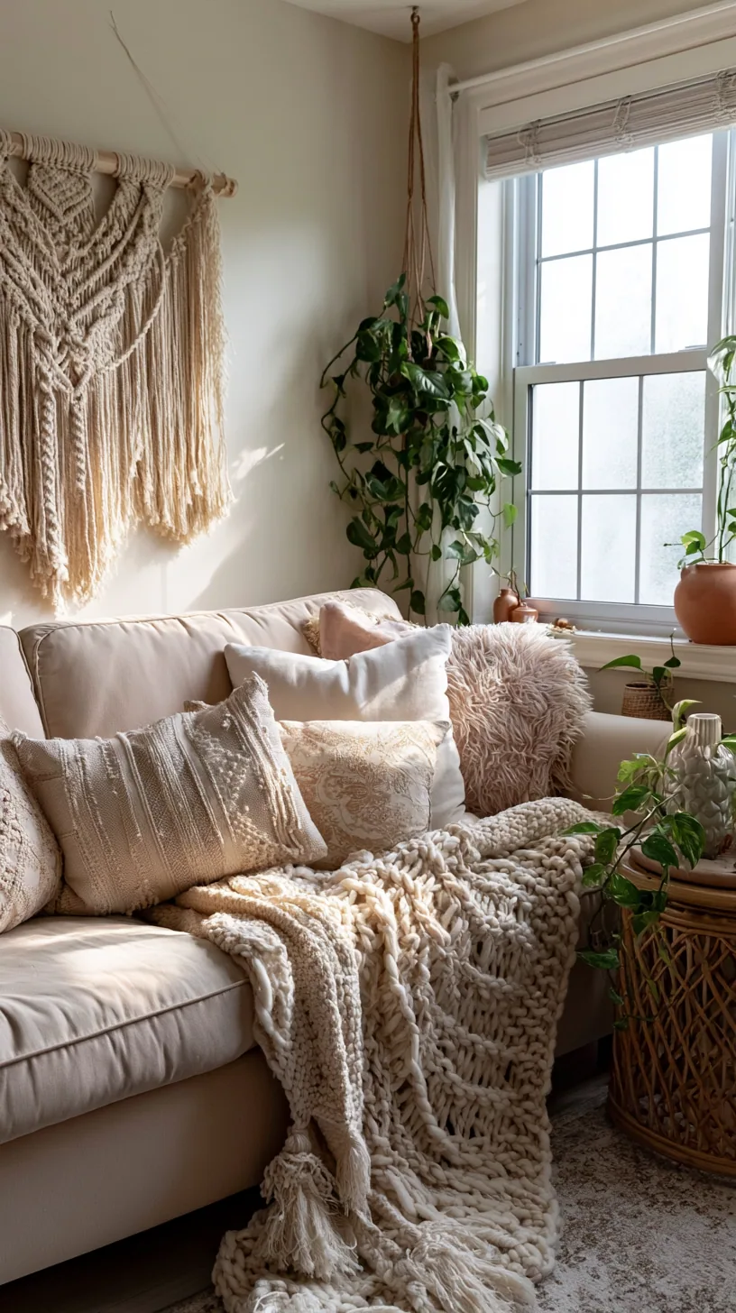 boho beige couch with layered patterns, fringe and macrame, photo 1 of 4