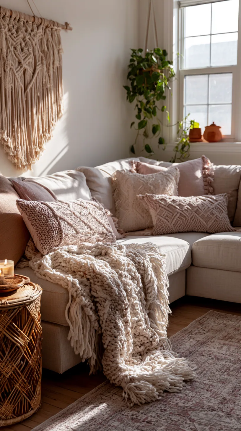 boho beige couch with layered patterns, fringe and macrame, photo 2 of 4