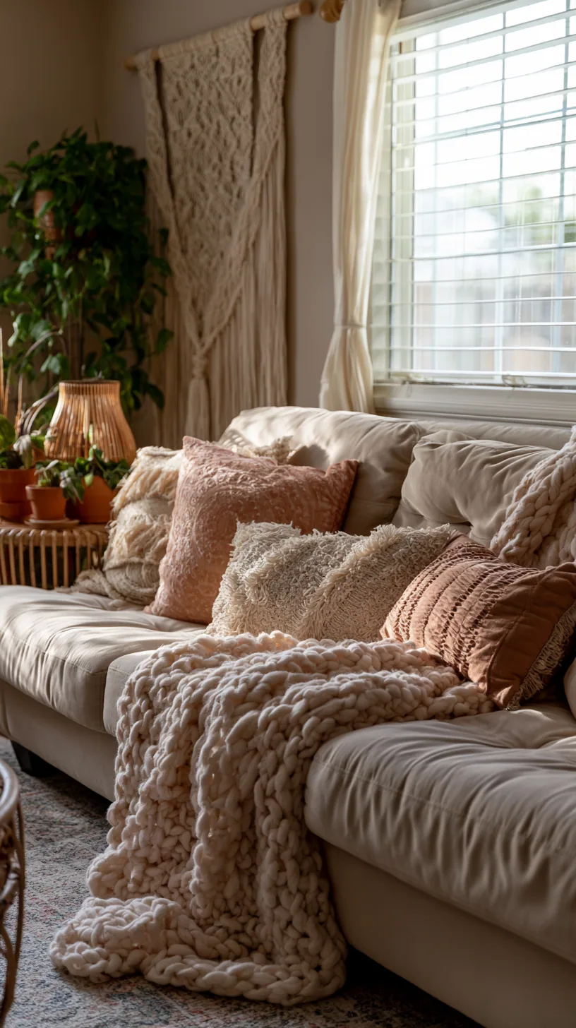 boho beige couch with layered patterns, fringe and macrame, photo 3 of 4