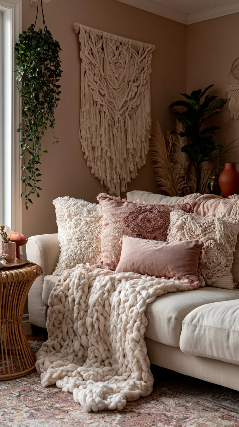 boho beige couch with layered patterns, fringe and macrame, photo 4 of 4