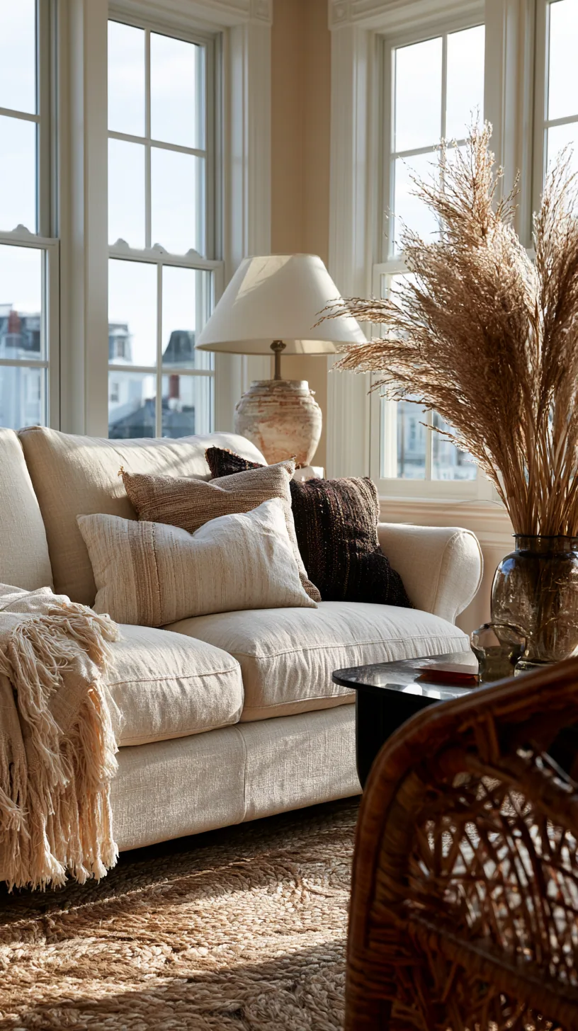 beige sofa paired with a bold statement patterned rug, photo 1 of 4