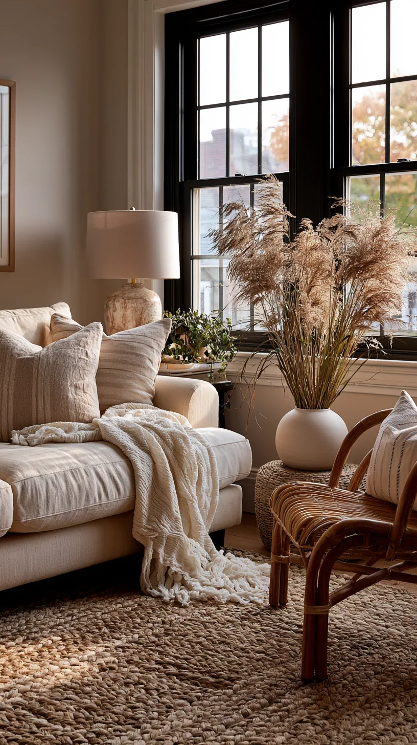 beige sofa paired with a bold statement patterned rug, photo 2 of 4