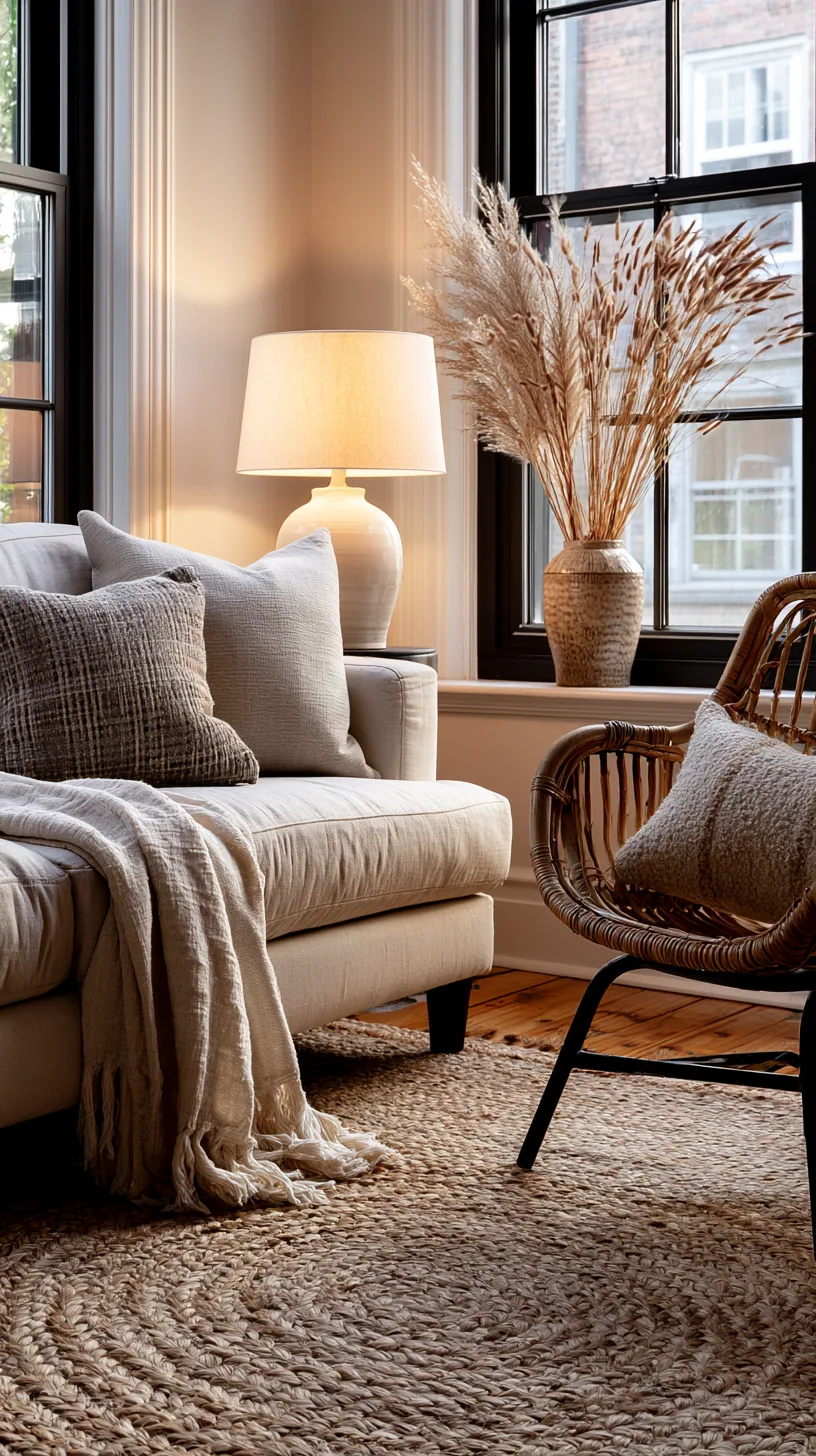 beige sofa paired with a bold statement patterned rug, photo 3 of 4