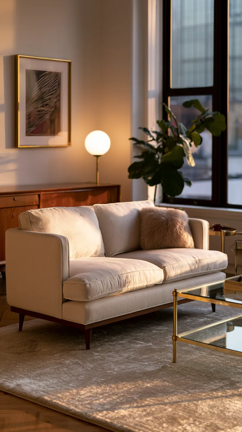 mid-century modern living room with a beige couch and warm wood, photo 1 of 4
